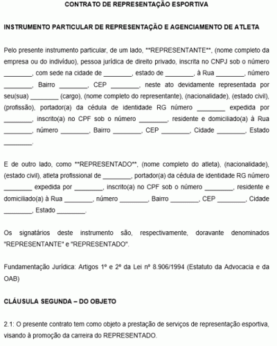 Modelo de Contrato de Representação Esportiva e Procuração