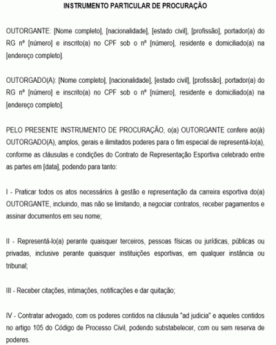 Modelo de Procuração para Representação de Atleta