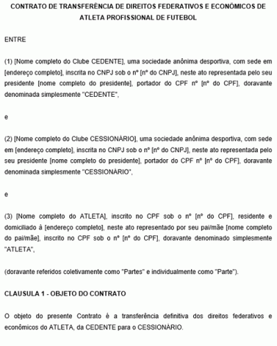 Modelo de Contrato de Transferência de Direitos Federativos e Econômicos de Atleta Profissional de Futebol