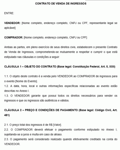 Modelo de Contrato de Venda de Ingresso