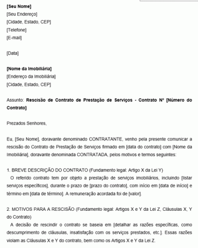 Modelo de Carta de rescisão de contrato de prestação de serviços com uma imobiliária