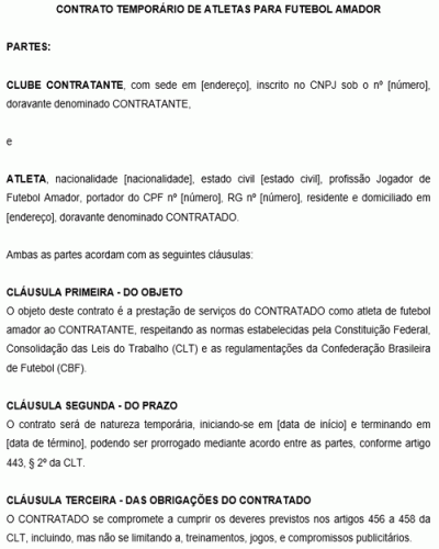 Modelo de Contrato Temporário de Atletas para Futebol Amador