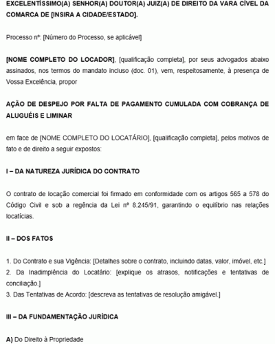 Modelo de Ação de Despejo por falta de Pagamento cumulada com cobrança de aluguéis e liminar