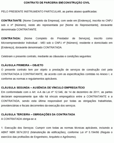 Modelo de Contrato de Parceria em Construção Civil