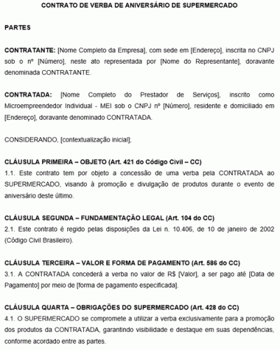 Modelo de Contrato de Verba de Aniversário de Supermercado