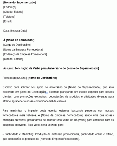 Modelo de Solicitação de Verba de Aniversário de Supermercado