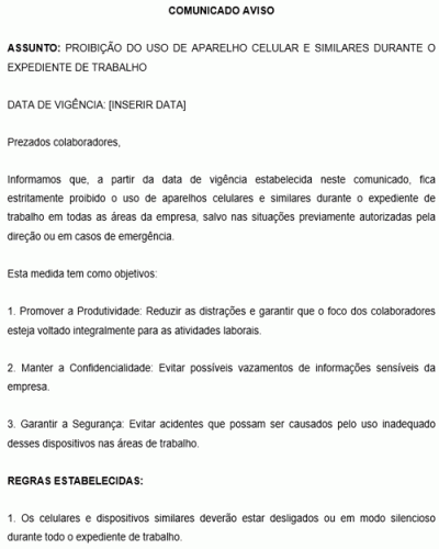 Modelo de Comunicado de Proibição de Uso de Celular Durante o Expediente de Trabalho