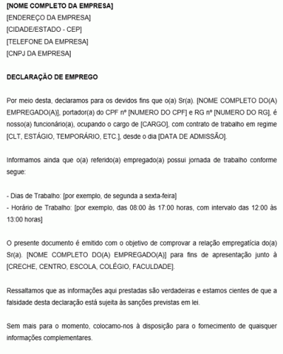 Modelo de Declaração de Vínculo Empregatício para Fins de Comprovação Escolar