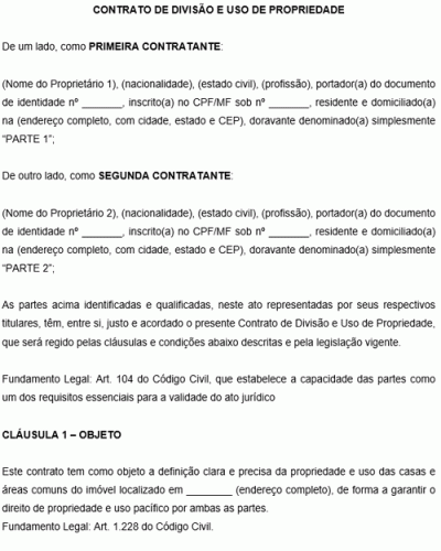 Modelo de Contrato de Divisão e uso de Propriedade