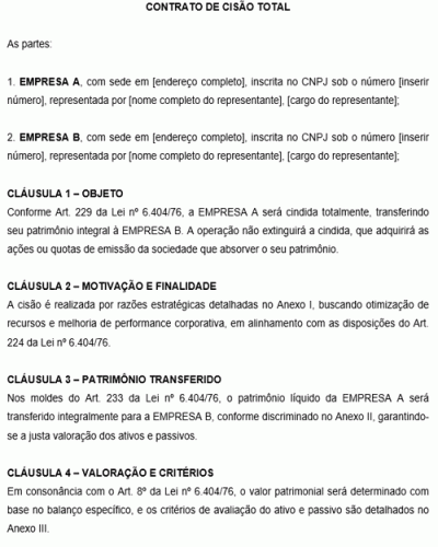 Modelo de Contrato de Cisão Total