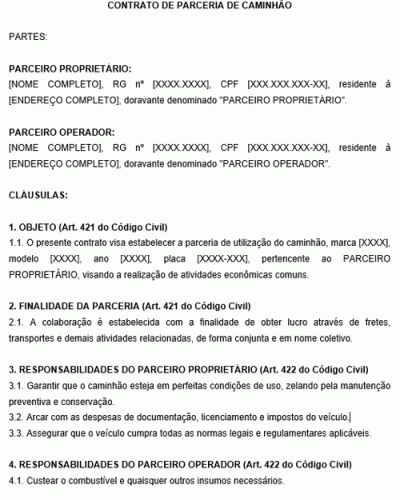 Modelo de Contrato de Parceria em Caminhão PF