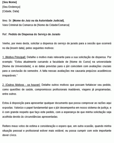 Modelo de Carta de Pedido de Dispensa do Júri