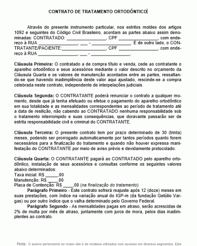 Modelo de Contrato de Tratamento Ortodôntico - Aparelho Ortodôntico e Seus Acessórios