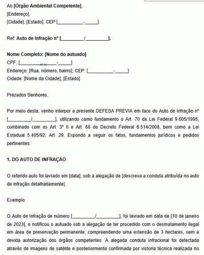 Modelo de Defesa Prévia de Infração Ambiental