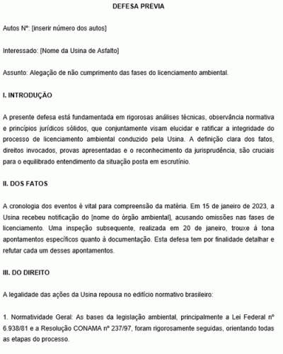 Modelo de Defesa Prévia de Alegação de não cumprimento das fases do Licenciamento Ambiental