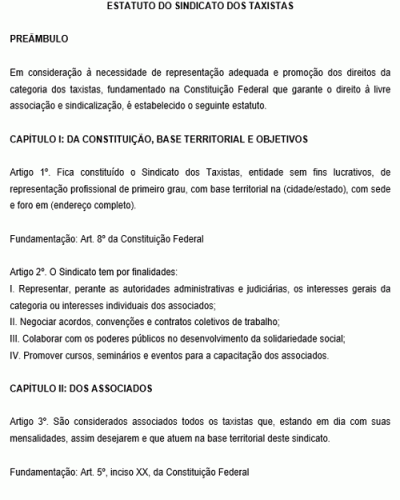 Modelo de Estatuto do Sindicato dos Taxistas