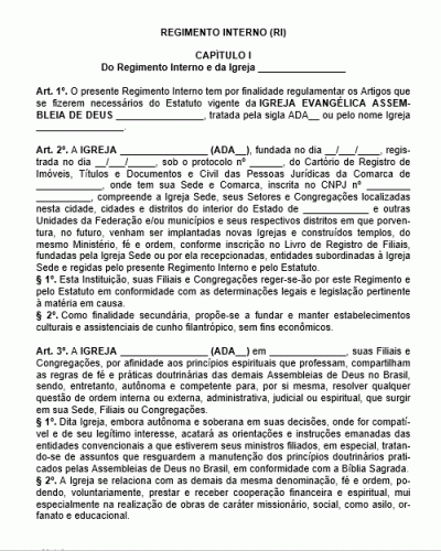 Modelo de Regimento Interno para Igrejas Evangélicas - Regulamento Completo com 34 páginas