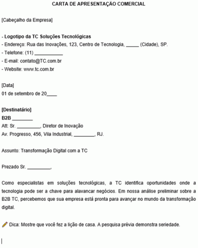 Modelo de Carta de apresentação comercial e proposta comercial detalhada