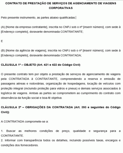 Modelo de Contrato de prestação de serviços de agenciamento de viagens corporativas