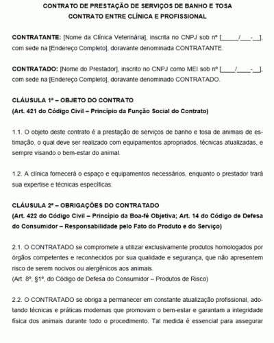 Modelo de Contrato de Prestação de Serviço de Banho e tosa entre clínica e profissional