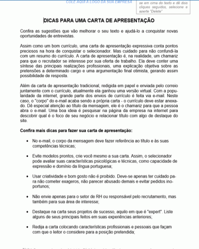 Modelo de Carta de Dicas para uma Carta de Apresentação