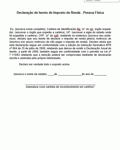 Modelo de Declaração de Isento de Imposto de Renda - IRRF Pessoa Física - IR