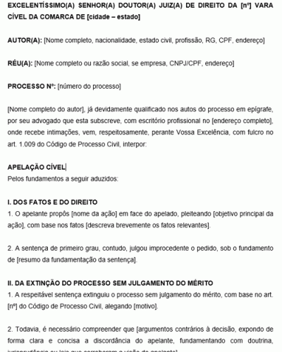 Modelo de Apelação Cível referente à extinção do processo e pagamento de custas