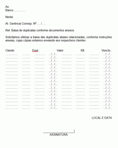 Modelo de Carta de Baixa de Duplicata