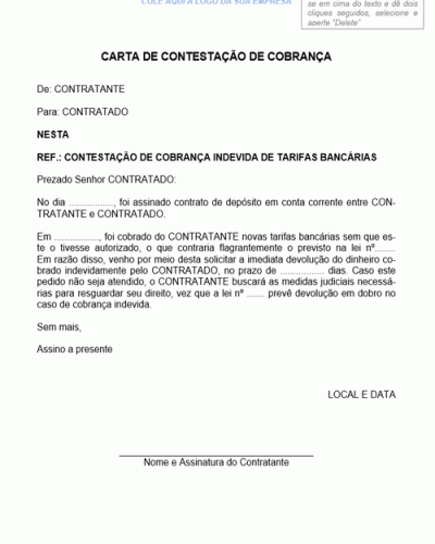 Modelo de Carta de Contestação de Cobrança