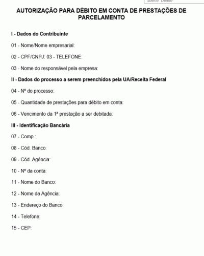 Modelo de Carta de Autorização para Débito em Conta de Prestações de Parcelamento