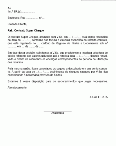 Modelo de Carta de Rescisão de Cheque Especial