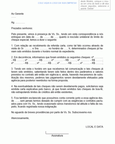 Modelo de Carta de Rescisão Unilateral de Cheque Especial