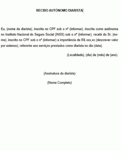 Modelo de Recibo Autônomo Diarista - Prestação de Serviço Doméstico