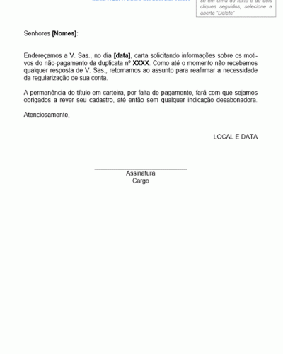 Modelo de Carta Nova Solicitação de Pagamento