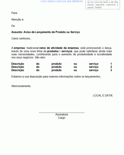 Modelo de Carta de Aviso de Lançamento de Produto ou Serviço