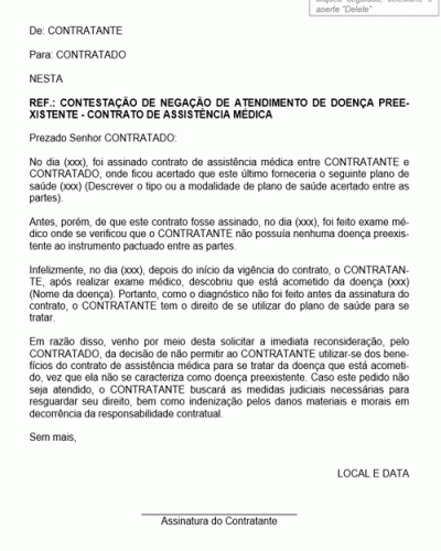 Modelo de Carta Contestando a Negativa de Atendimento por Parte do Plano de Saúde