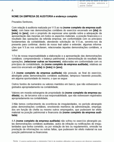 Modelo de Carta de Gerência sobre Auditoria