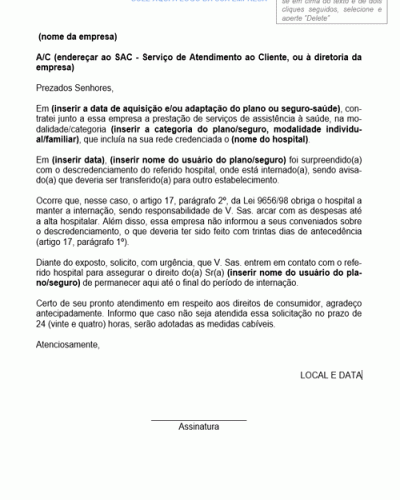 Modelo de Carta de Manutenção de Internamento