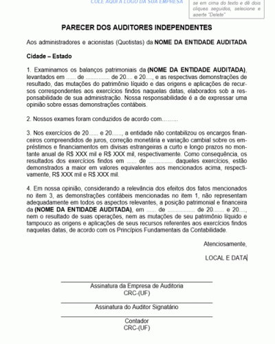 Modelo de Carta de Parecer Adverso dos Auditores Independentes