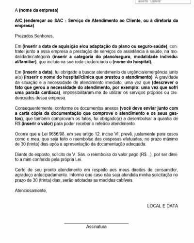 Modelo de Carta de Reembolso de Despesa