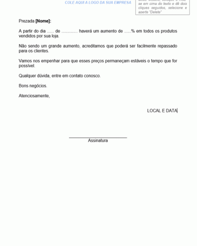 Modelo de Carta de Comunicado Aumento de Preços a uma Distribuidora