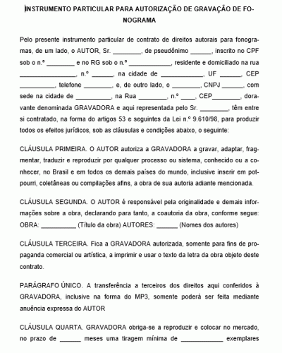 Modelo de Instrumento Particular para Autorização de Gravação de Fonogramas