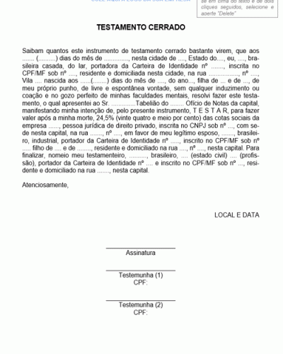 Modelo de Comunicado de Testamento Cerrado