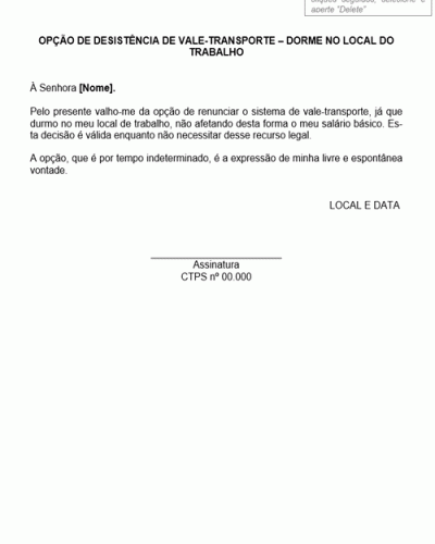 Modelo de Declaração Desistência de Vale Transporte