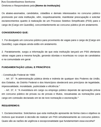 Modelo de Modelo de Abaixo assinado para Questionamento da Realização de Processo Seletivo Simplificado