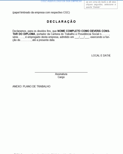 Modelo de Declaração Empregado na Função