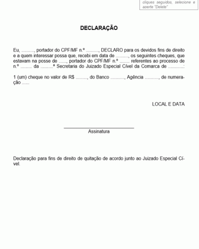 Modelo de Declaração de Quitação de Acordo