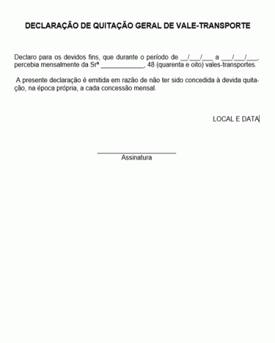 Modelo de Declaração de Quitação Geral de Vale Transporte