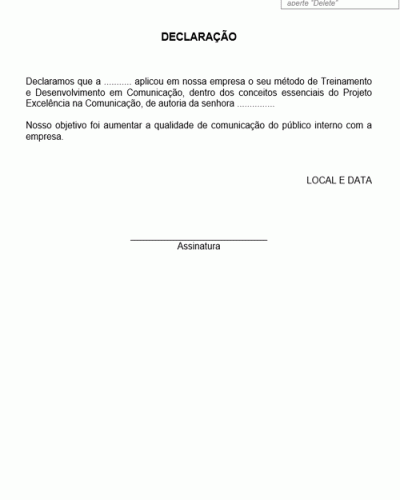 Modelo de Declaração de Serviços de Treinamento a Empregados