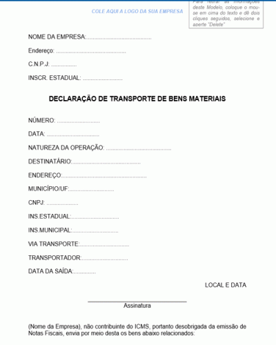 Modelo de Declaração de Transportes de Bens Materiais